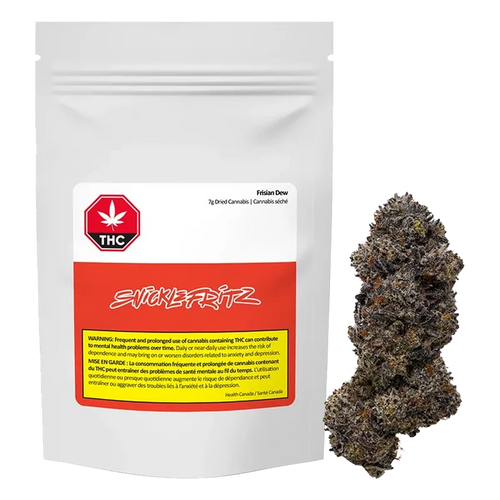 White pouch packaging photographed front-on next to a single dense purple-tinged bud, labeled "Frisian Dew."