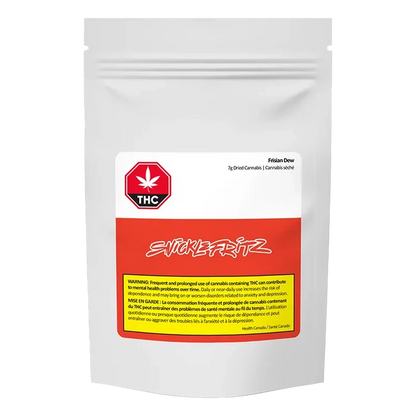 Center-front shot of the white pouch with a red label reading "Snicklefritz" and the product name Frisian Dew printed at top.