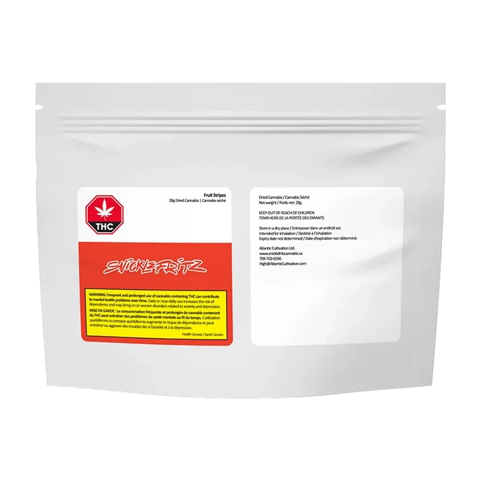 Front-facing shot of a white pouch labeled Fruit Stripez with a red-and-yellow Snickfritz logo and regulatory THC symbol on a plain white background