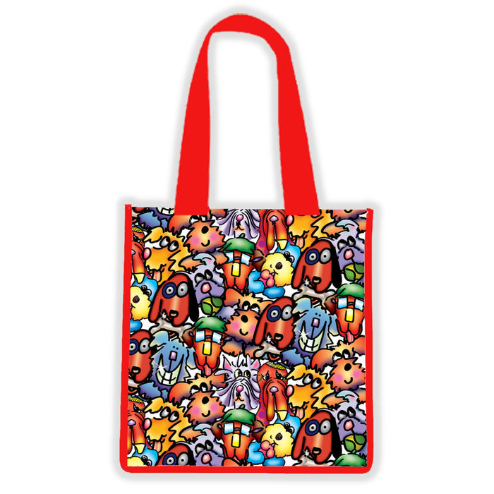 Front display of the 'Furrfuggnoogins' vinyl tote, adorned with an array of colorful characters by Debby Carman.