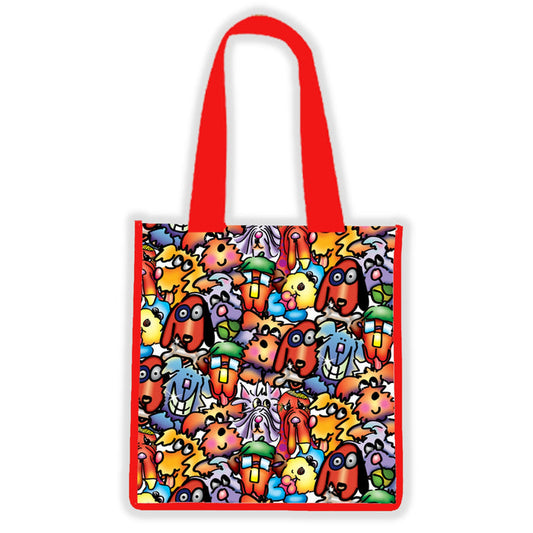 Front display of the 'Furrfuggnoogins' vinyl tote, adorned with an array of colorful characters by Debby Carman.