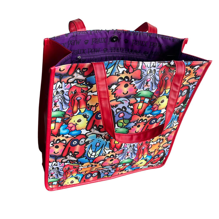 Angled perspective of the 'Furrfuggnoogins' tote showcasing its depth and bold red handles