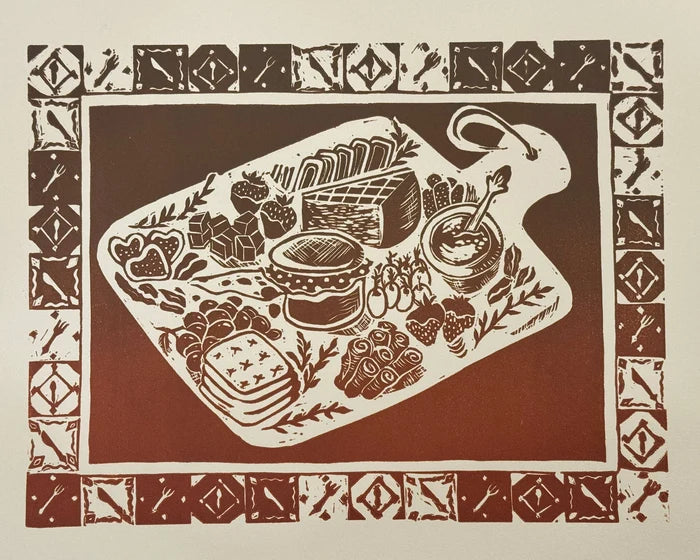 “Girl Dinner" Original Linocut Print by Olive Roberts
