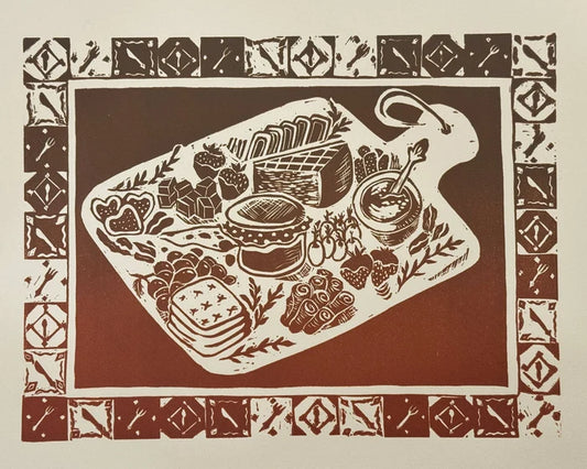 “Girl Dinner" Original Linocut Print by Olive Roberts
