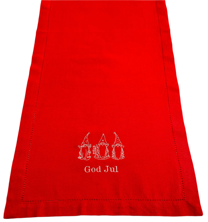 God Jul Gnomes Embroidered on Red 36" Runner