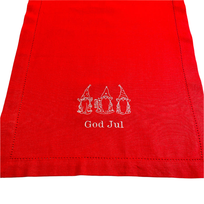 God Jul Gnomes Embroidered on Red 36" Runner