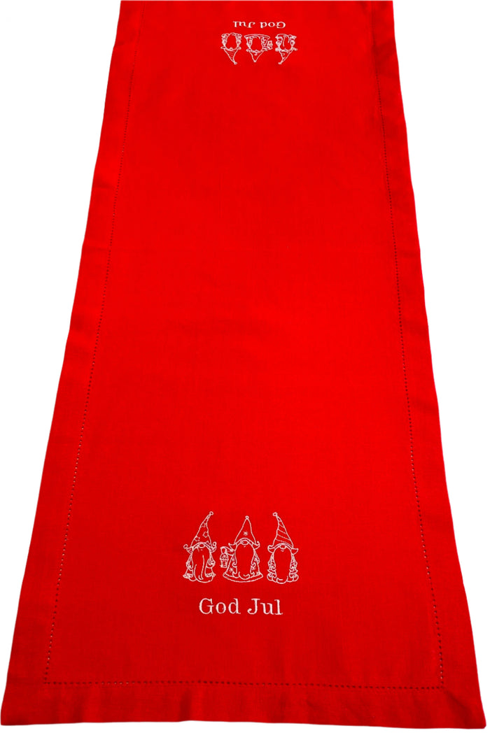 God Jul Gnomes Embroidered on Red 36" Runner