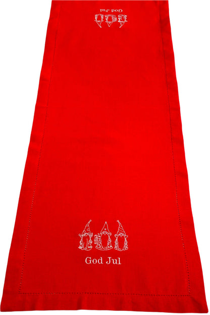 God Jul Gnomes Embroidered on Red 36" Runner