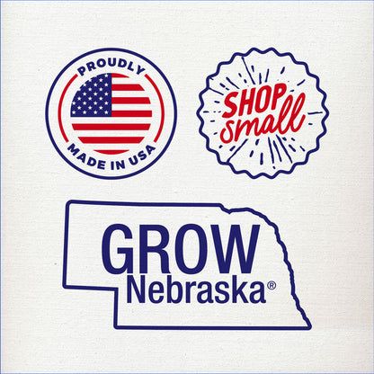 Three logos on a white background: 'Proudly Made in USA', 'Shop Small', and 'Grow Nebraska'.