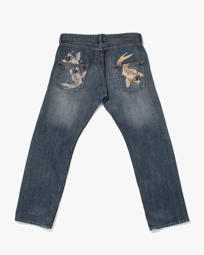 Japanese Repro Denim Jeans, Ann Do, Embroidered Koi and Floral Lining - 38"