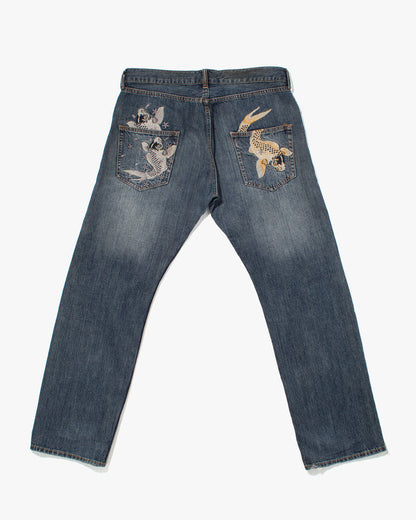 Japanese Repro Denim Jeans, Ann Do, Embroidered Koi and Floral Lining - 38"