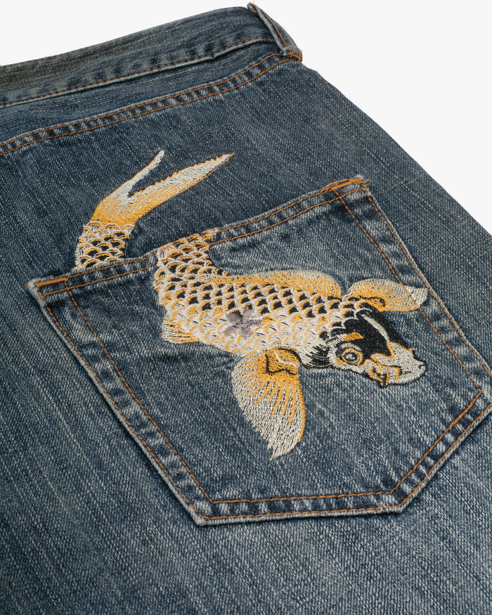 Japanese Repro Denim Jeans, Ann Do, Embroidered Koi and Floral Lining - 38"