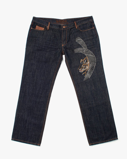 Japanese Repro Denim Jeans, Kyoto Wappa, Bronze Painted Dragon - 42"
