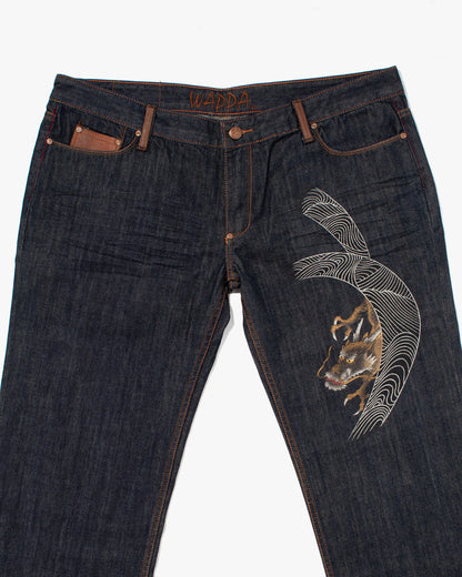 Japanese Repro Denim Jeans, Kyoto Wappa, Bronze Painted Dragon - 42"