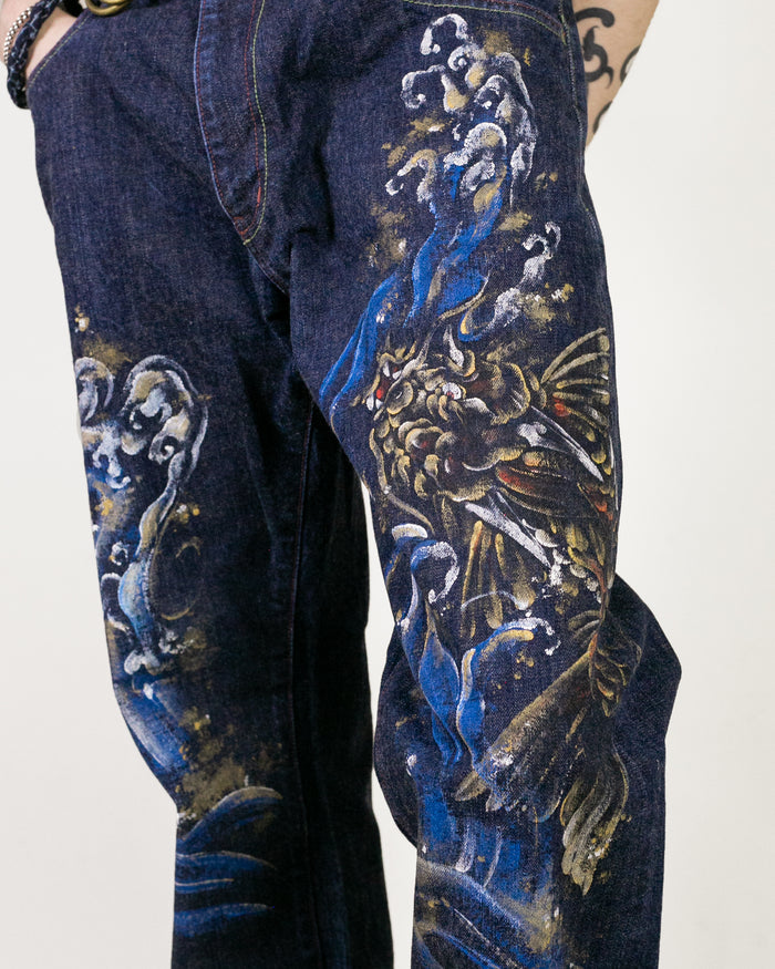 Japanese Repro Denim Jeans, Zen Clothing, Hand Painted - 36