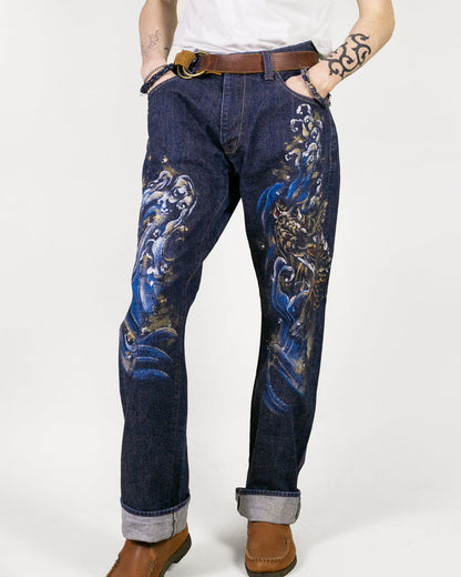 Japanese Repro Denim Jeans, Zen Clothing, Hand Painted - 36