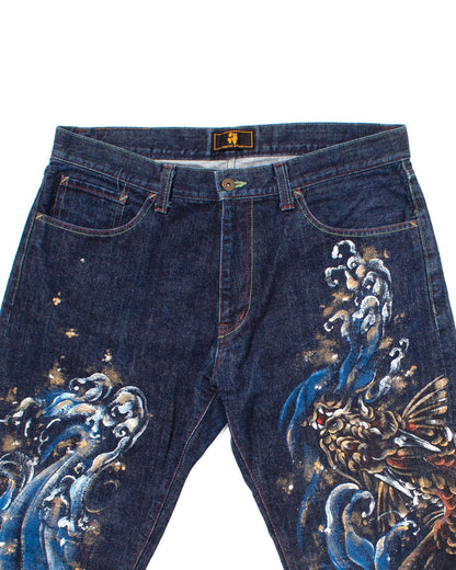 Japanese Repro Denim Jeans, Zen Clothing, Hand Painted - 36