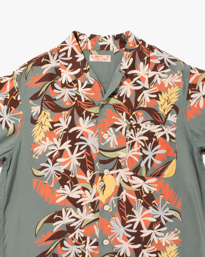 Japanese Repro Shirt, Aloha Short Sleeve, Sun Surf Brand, Green with Flowers - S