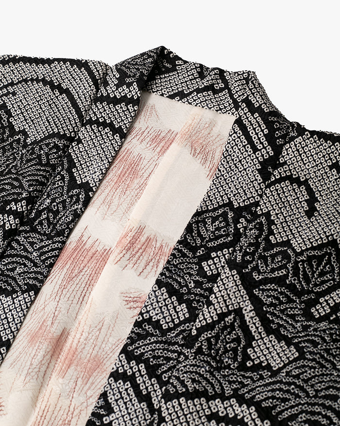 Kiriko Custom, Altered Haori Jacket, Full Shibori, Black with White Seigaiha and Leaves