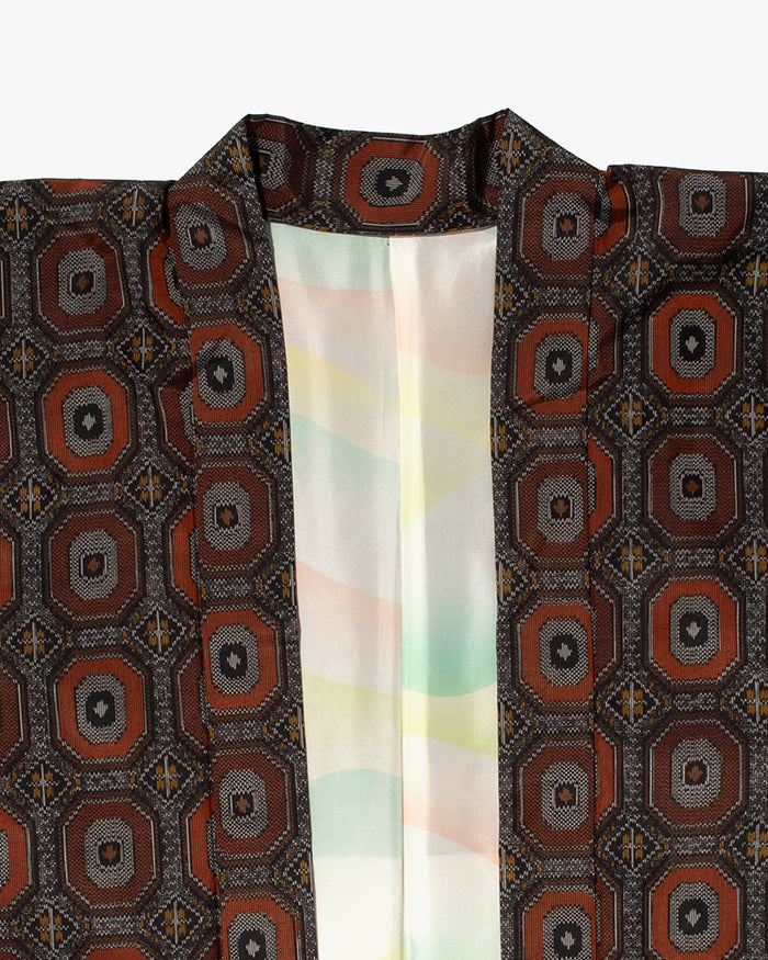 Kiriko Custom, Altered Kimono Jacket, Gray with Red Geometric Pattern and Yellow Accents