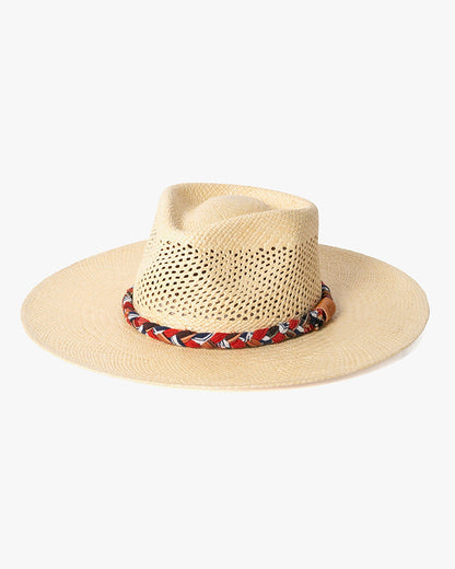 Kiriko Custom Panama Hat, Straw, Braided Indigo Katazome, Shades of Red and Orange Plaid