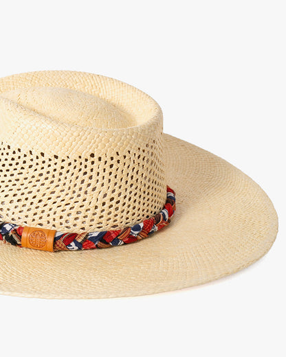 Kiriko Custom Panama Hat, Straw, Braided Indigo Katazome, Shades of Red and Orange Plaid