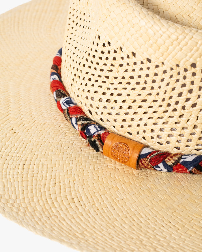 Kiriko Custom Panama Hat, Straw, Braided Indigo Katazome, Shades of Red and Orange Plaid