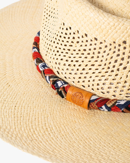 Kiriko Custom Panama Hat, Straw, Braided Indigo Katazome, Shades of Red and Orange Plaid