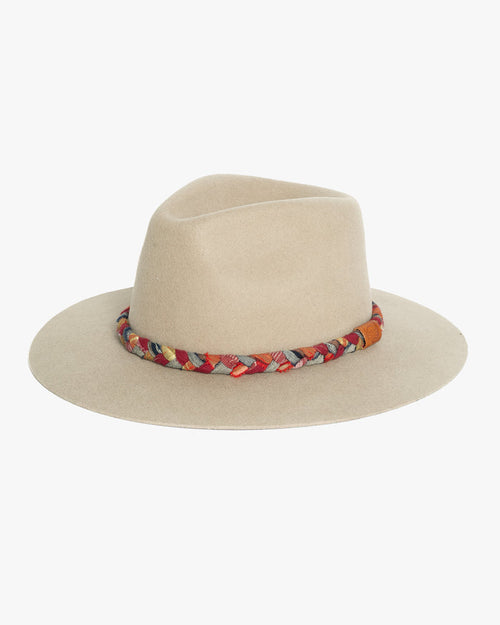Kiriko Custom Wool Felt Hat, Camel with Braided Boro Fabric, Brixton, Red and Orange