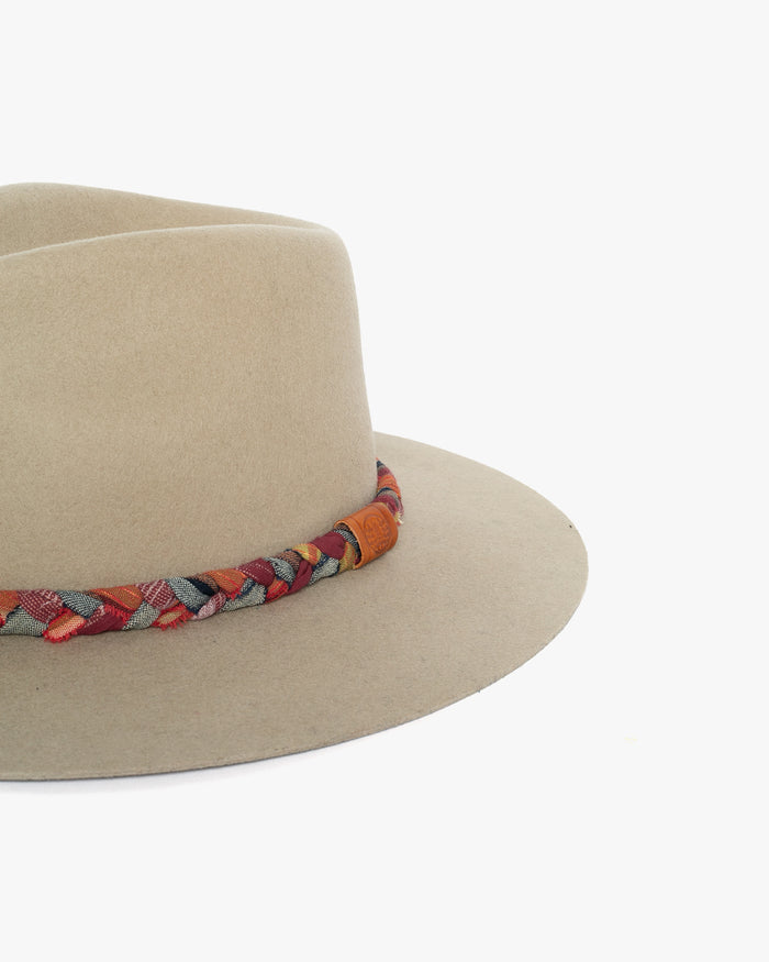 Kiriko Custom Wool Felt Hat, Camel with Braided Boro Fabric, Brixton, Red and Orange