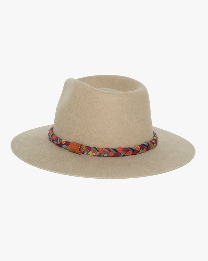 Kiriko Custom Wool Felt Hat, Camel with Braided Boro Fabric, Brixton, Red and Orange