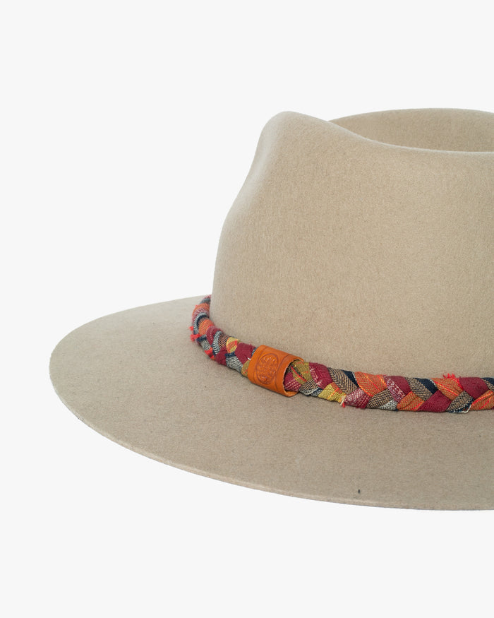 Kiriko Custom Wool Felt Hat, Camel with Braided Boro Fabric, Brixton, Red and Orange