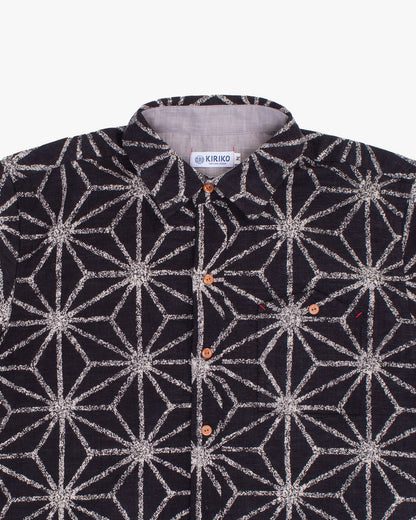Kiriko Original Button-Up Shirt, Short Sleeve, Black Asanoha