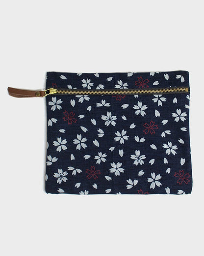 Kiriko Original Flat Zipper Pouch, Medium, Dark Indigo Sakura