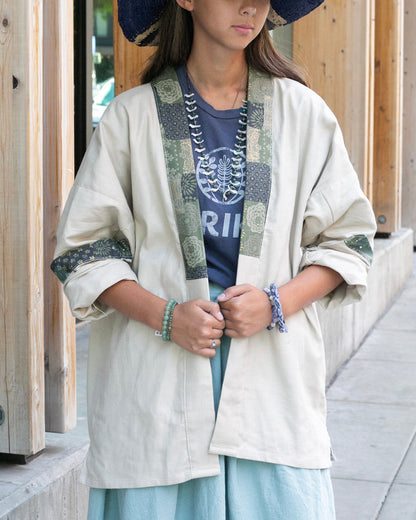 Kiriko Original Jacket, Modern Noragi, Cream and Multi Patchwork, Sage and Gold