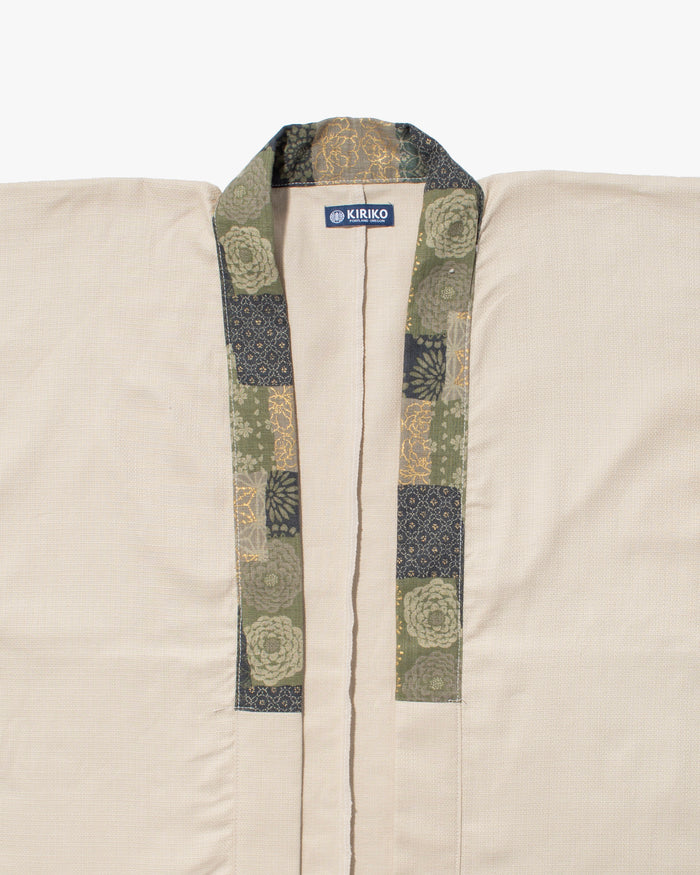 Kiriko Original Jacket, Modern Noragi, Cream and Multi Patchwork, Sage and Gold