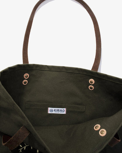 Kiriko Original Large Tote Bag, Canvas, Olive Bear