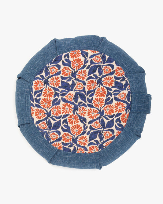 Kiriko Original Meditation Pillow, Two-Tone Zafu, Blue and Orange/Blue Flower Jacquard