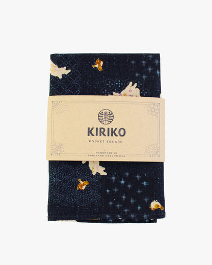 Kiriko Original Pocket Square, Indigo with White Rabbits