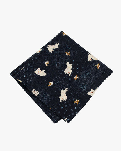 Kiriko Original Pocket Square, Indigo with White Rabbits