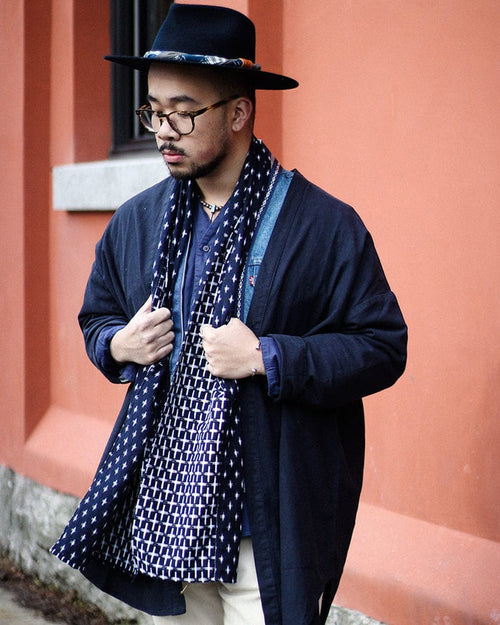 Kiriko Original Scarf, Double Split, White and Indigo, Jyuji