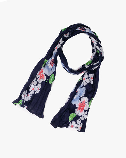 Kiriko Original Scarf, Kiji, Yukata,Shima Dark Indigo with White Flowers and Red Accents
