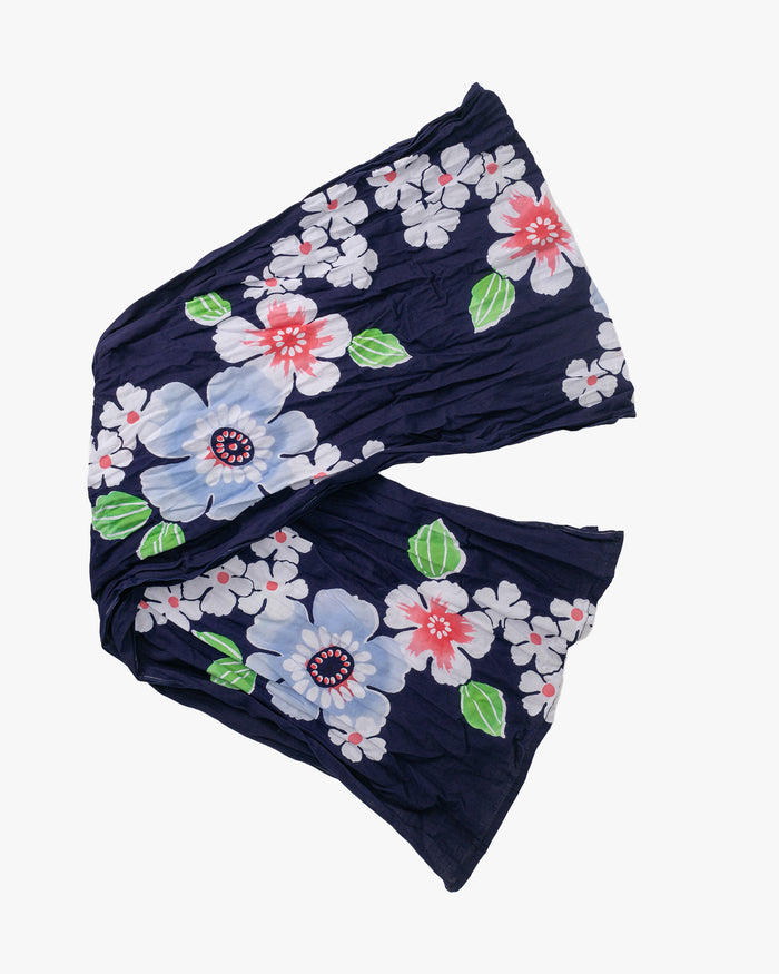 Kiriko Original Scarf, Kiji, Yukata,Shima Dark Indigo with White Flowers and Red Accents