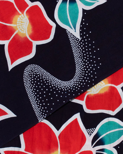 Kiriko Original Scarf, Yukata, Dark Navy with Red Hydrangeas and Dotted Waves