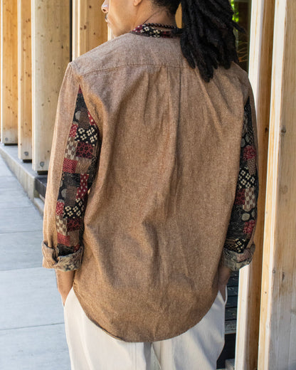 Kiriko Original Shirt, Long Sleeve Button-Up, Oversized Mandarin Collar, Amber Chambray with Azuki Patchwork Style