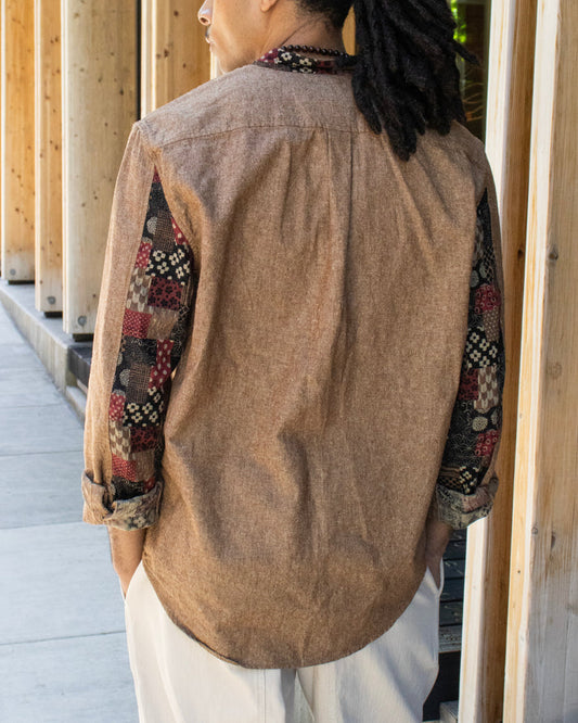 Kiriko Original Shirt, Long Sleeve Button-Up, Oversized Mandarin Collar, Amber Chambray with Azuki Patchwork Style