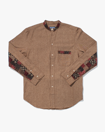 Kiriko Original Shirt, Long Sleeve Button-Up, Oversized Mandarin Collar, Amber Chambray with Azuki Patchwork Style