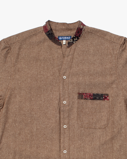 Kiriko Original Shirt, Long Sleeve Button-Up, Oversized Mandarin Collar, Amber Chambray with Azuki Patchwork Style