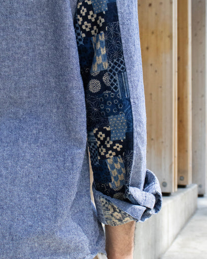 Kiriko Original Shirt, Long Sleeve Button-Up, Oversized Mandarin Collar, Indigo Chambray with Indigo Patchwork Style