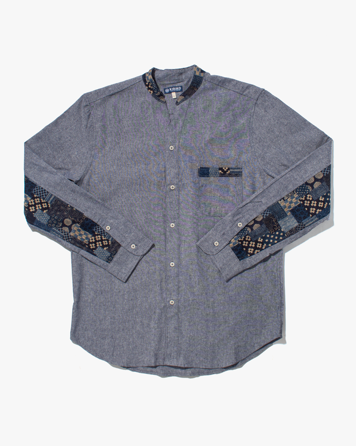 Kiriko Original Shirt, Long Sleeve Button-Up, Oversized Mandarin Collar, Indigo Chambray with Indigo Patchwork Style